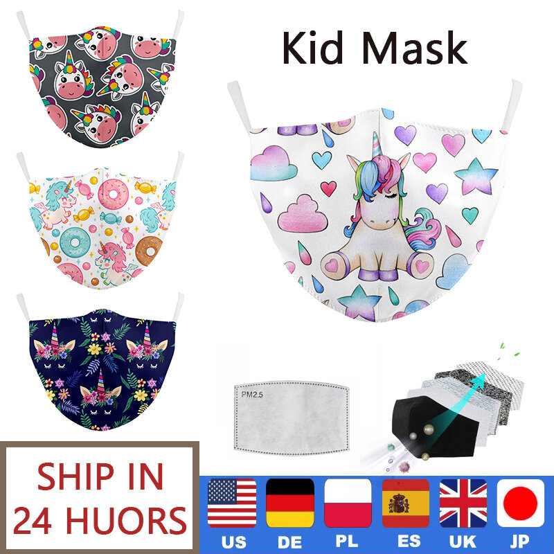 Enfant masque drôle licorne graphiques coton masques réutilisable lavable unisexe Facemask étanche à la poussière Pm2.5 filtre extérieur respirant masque