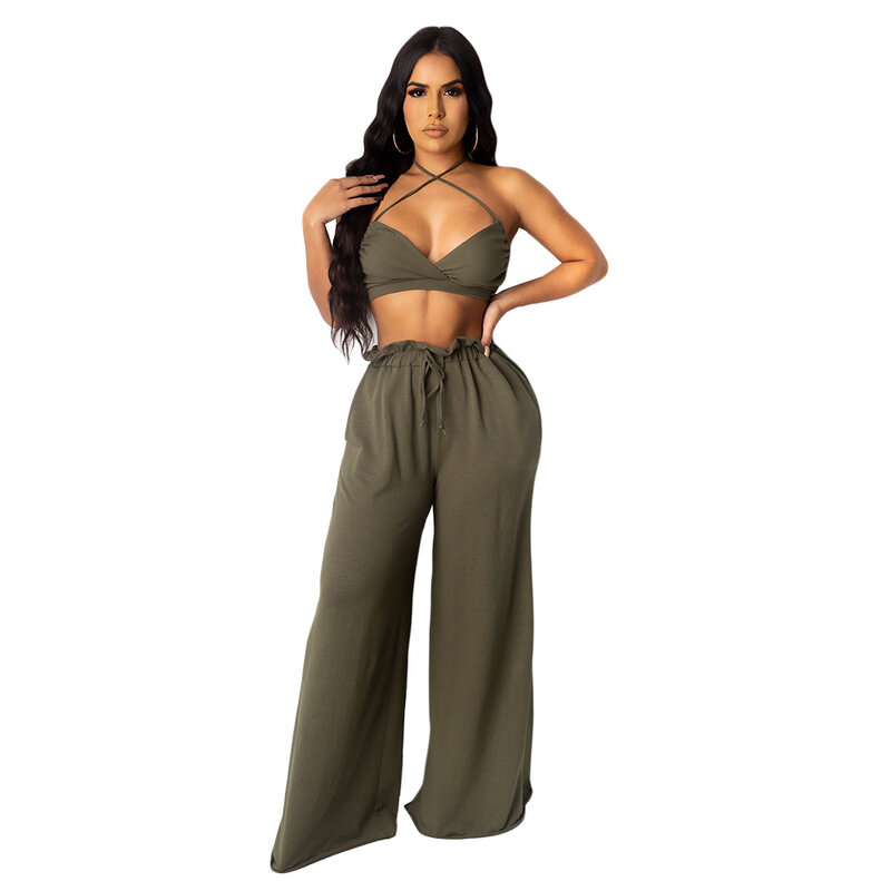 Sexy Women's Solid Color Sling Tube Top Loose Trousers Hanging Neck Fashion Two-Piece Suit