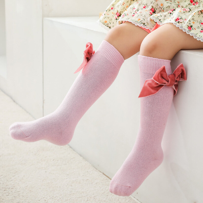 Inverno outono bebê meninas natal meias bowknot crianças joelho alta meia longa algodão espanhol crianças 1-8 anos crianças tubo meias