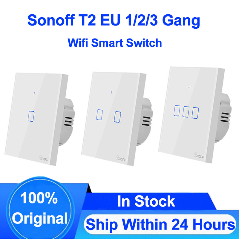 Sonoff-interruptor inteligente T2 para el hogar, dispositivo de pared con Wifi, RF, Control remoto, táctil, funciona con Alexa y Google Home a través de la aplicación Ewelink