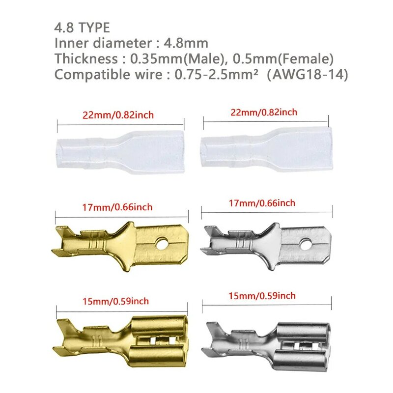 Connecteurs de fil scellés isolés CriAJpolitics, borne nue, ressort, sphérique avec gaine, 2.8mm, 4.8mm, 6.3mm
