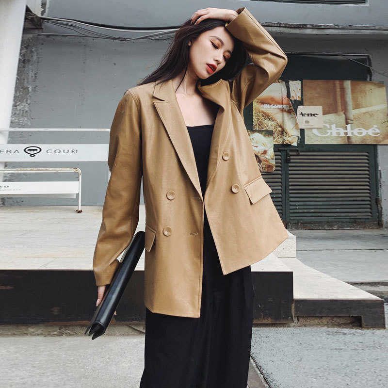 Vintage Soft Faux PU Leather Jacket Women 2023 New Spring Autumn Pure Color Double Breasted Leather Blazer Office Ladies Coats