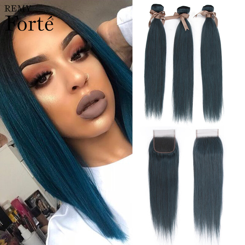 Remy Forte Straight Bundles With Closure 26 Inch Blue Colored Bundles With Closure 100% Brazilian Hair Weave Bundles 3/4 Bundles