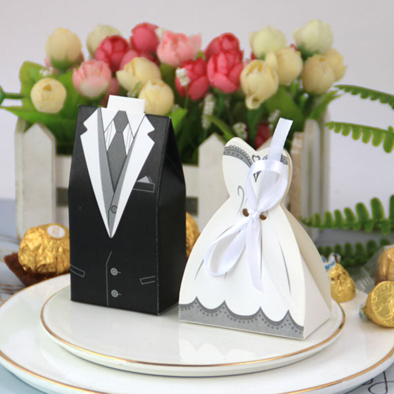 50/100pcs Bride And Groom Wedding Favor And Gifts Bag Candy Box DIY With Ribbon Wedding Decoration Souvenirs Party Supplies