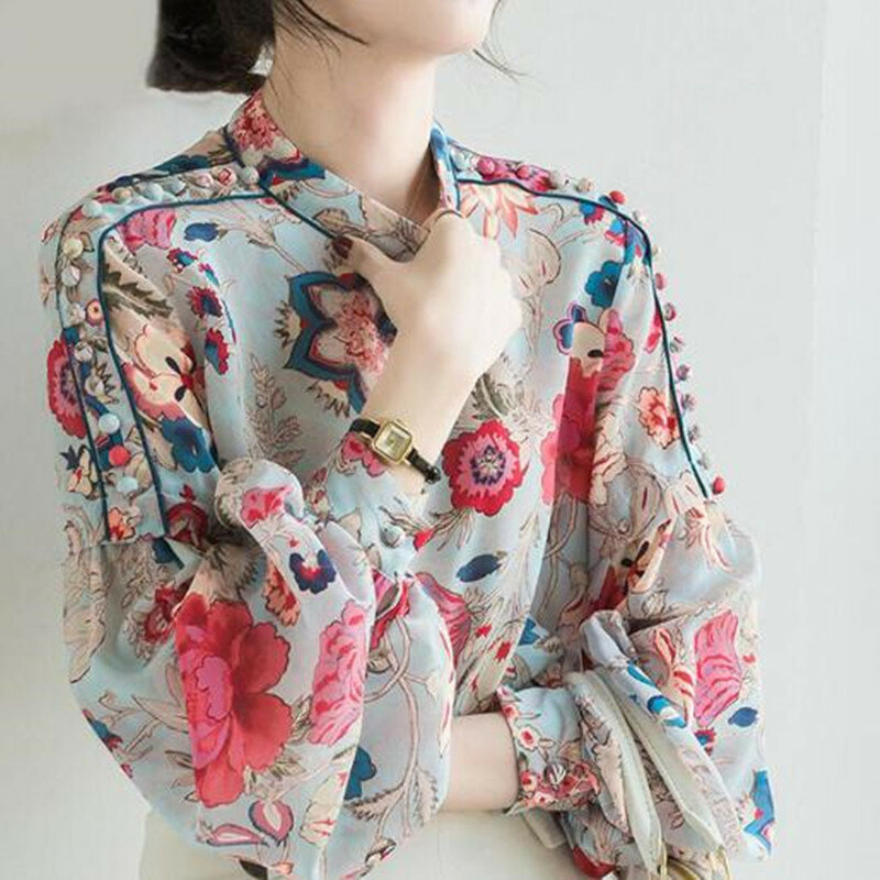 Women Elegant Full Sleeve Blouse Mandarin Collar Workwear Blouse Top Shirts for Ladies Woman Vintage Tops Plus Size Clothing