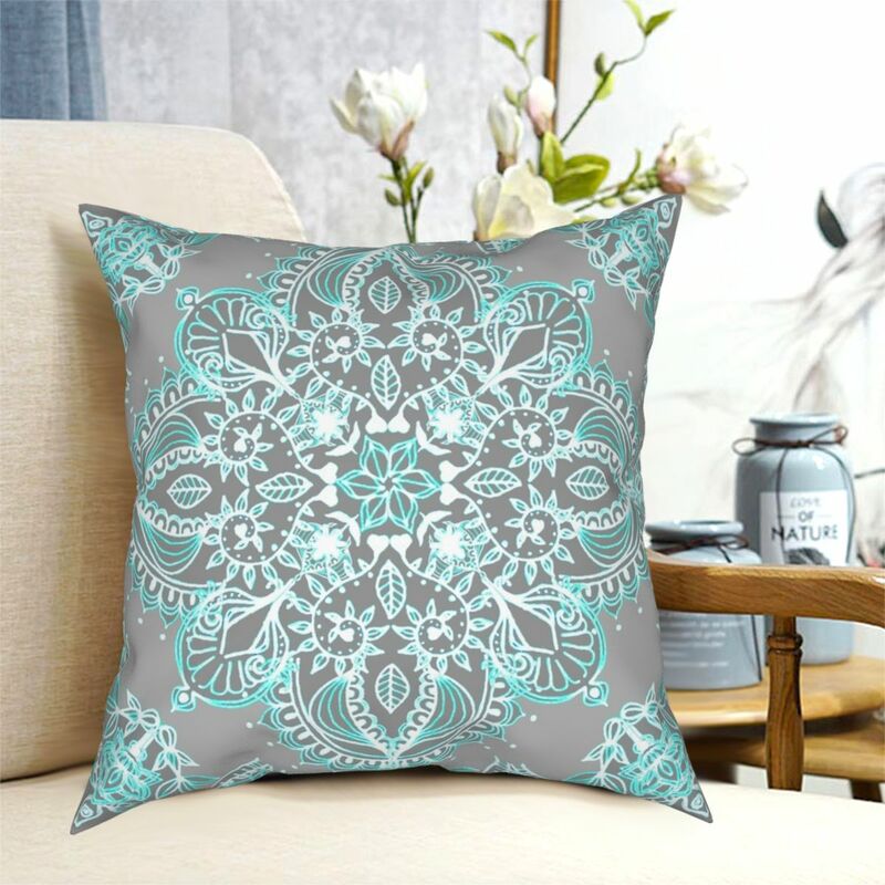 Teal And Aqua Lace Mandala On Grey Square Pillowcase Creative Zipper Decor Pillow Case Home Cushion Cover 45*45cm