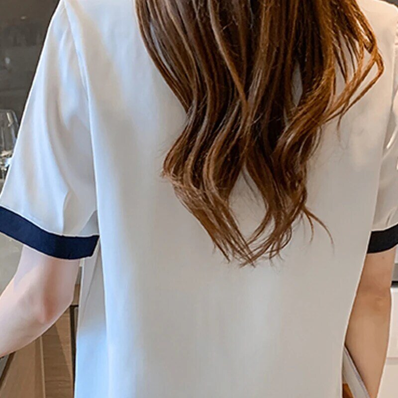 2021 nuevo color camisa diseño sentido nicho gasa camisa de las mujeres de manga corta temperamento camisa de cuello de las mujeres 16113