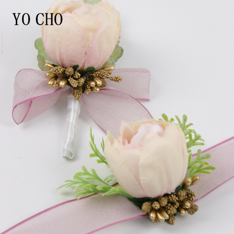 Yo Cho Pernikahan Pengiring Pengantin Bros Putih Merah Muda Sutra Bunga Pergelangan Tangan Korsase Gelang Groom Boutonniere Pernikahan Pernikahan Boutonniere