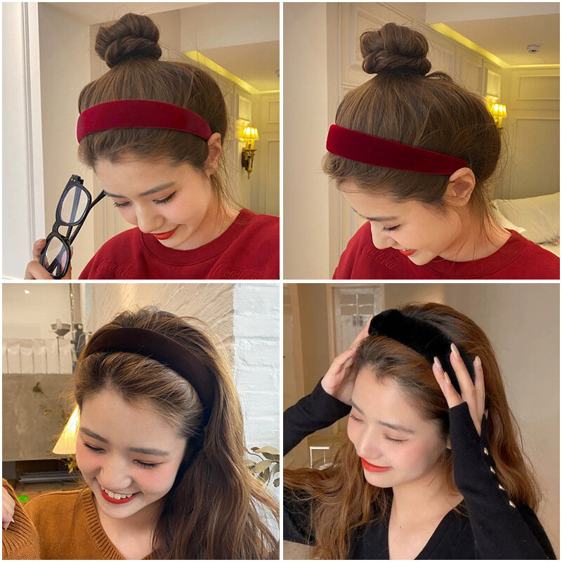 Solid กำมะหยี่ผู้หญิงแถบคาดศีรษะสาว Vintage ถักผมวง Hairband Headwear ผมยางผมวงยืดหยุ่น