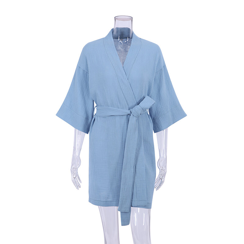 Hiloc ผ้าฝ้ายเสื้อคลุมอาบน้ำหญิง Robes ผู้หญิงชุดมินิเซ็กซี่สามไตรมาสแขน Dressing Gown Nightgown บ้าน
