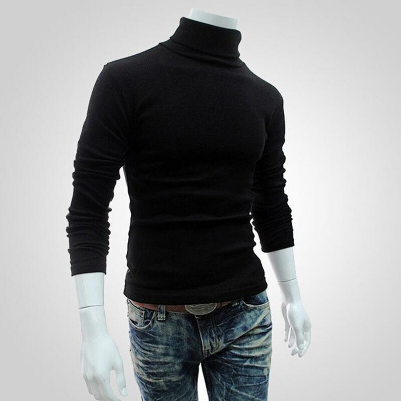 Chic Men Pullover Long Sleeve Turtleneck Sweaters Soft Solid Color All-matched Stretchy Knitted Shirt for Autumn Winter