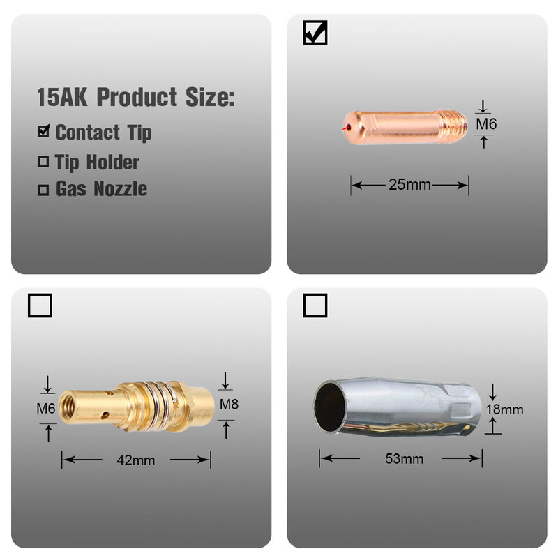 Boquilla de Gas con punta de contacto, soplete de soldadura MIG/MAG, 15AK, MB15, M6 x 25mm, 0,8mm/1,0mm, PKG/10