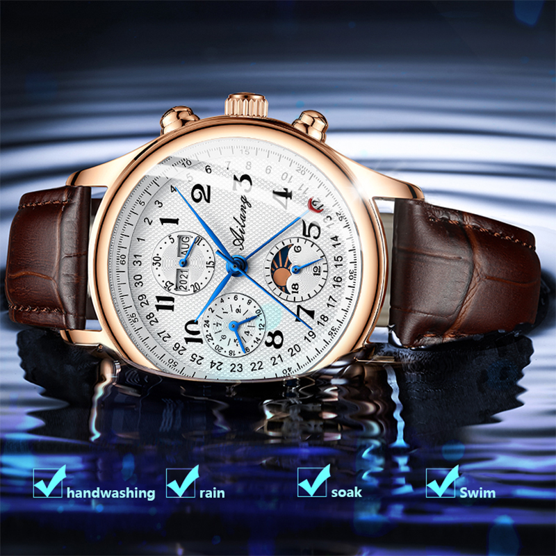 2021 حقيقية Ailang جديد ساعة رجالي الميكانيكية الذكور و مقاوم للماء ساعة رجالي أوتوماتيكية مع حزام من الجلد والتقويم