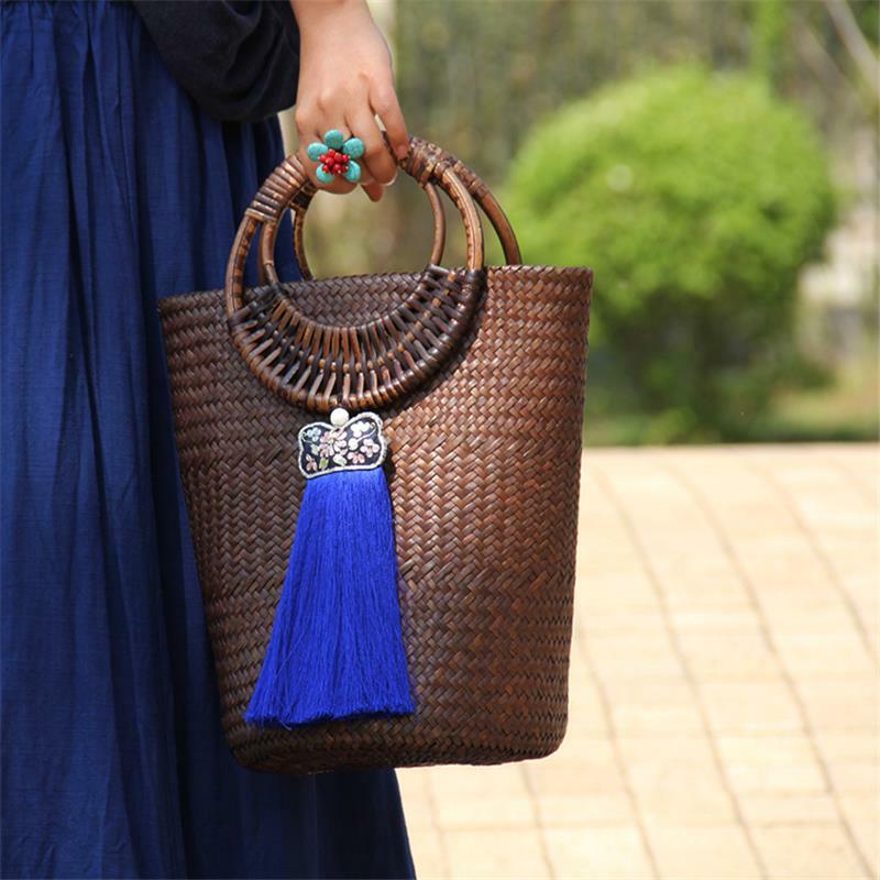 22x28CM Thailand Straw Bag Rattan Bag Hand-woven Women Bucket Bag Retro Art Handbag a6101