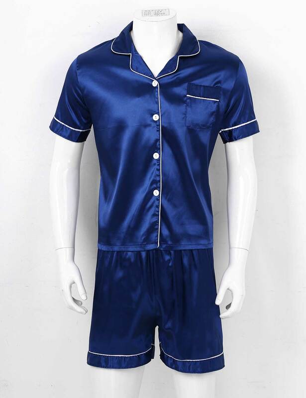 Conjunto de pijamas de manga curta de cetim masculino, camiseta de botão com gola e calcinha, roupa de dormir de luxo sólida