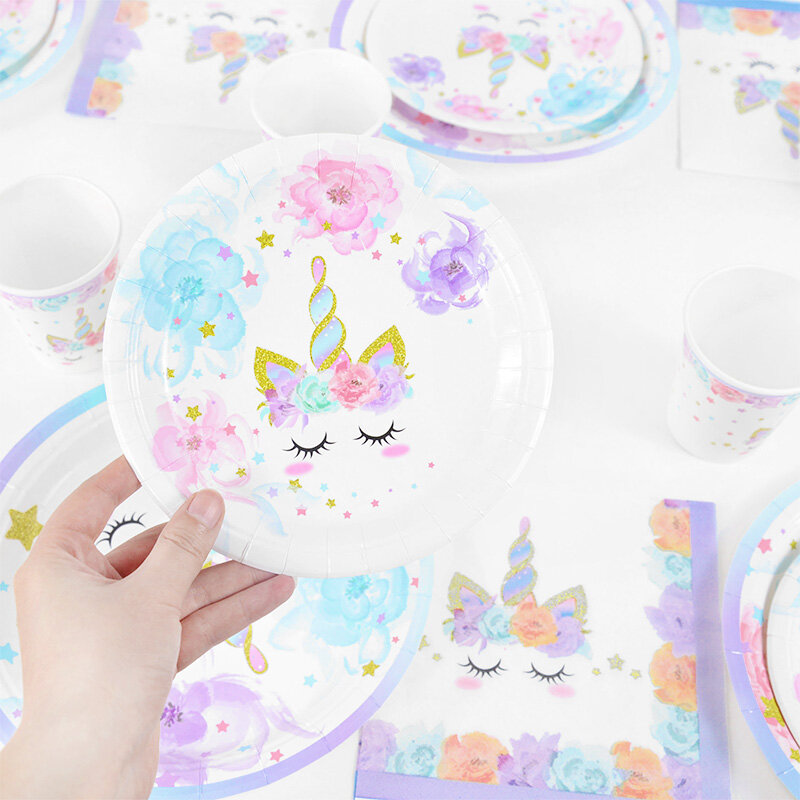 유니콘 일회용 식기 종이 접시 냅킨 컵, 유니콘 소녀 생일 파티 장식, 어린이 선물, 베이비 샤워, 48 개/세트