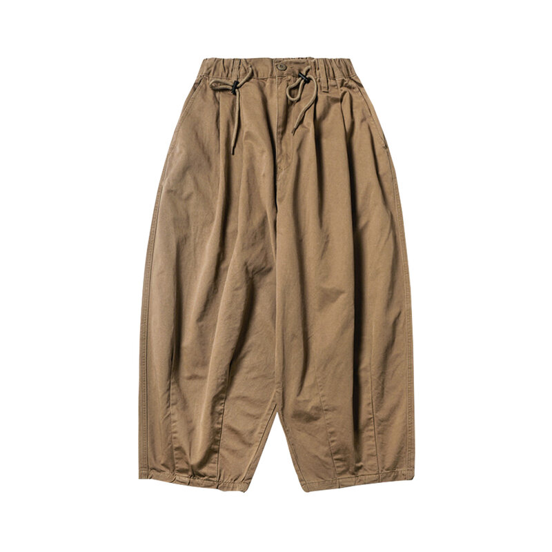 Amekaji-pantalones de pierna ancha para hombre, pantalón informal plisado con cintura elástica, holgado, Color sólido