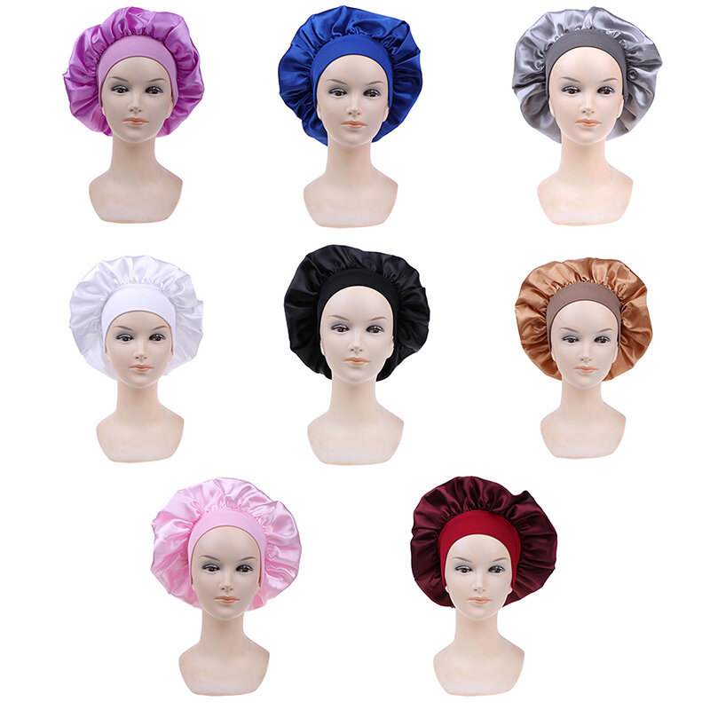 Long Hair Care 58cm Women Satin Bonnet Cap Night Sleep Hat Silk Head Wrap Adjust Shower Caps Knitted Cap Solid Color