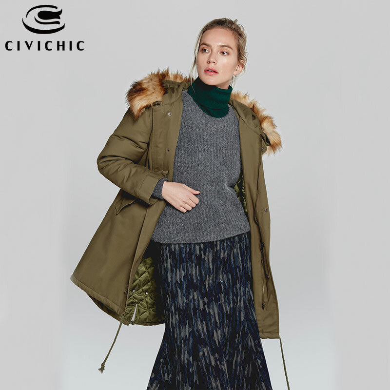 Civi세련된 2020 핫 여성 겨울 모피 칼라 파카 따뜻한 후드 재킷 중간 긴 더브 테일 겉옷 두꺼운 오버 코트 벨트 DC15