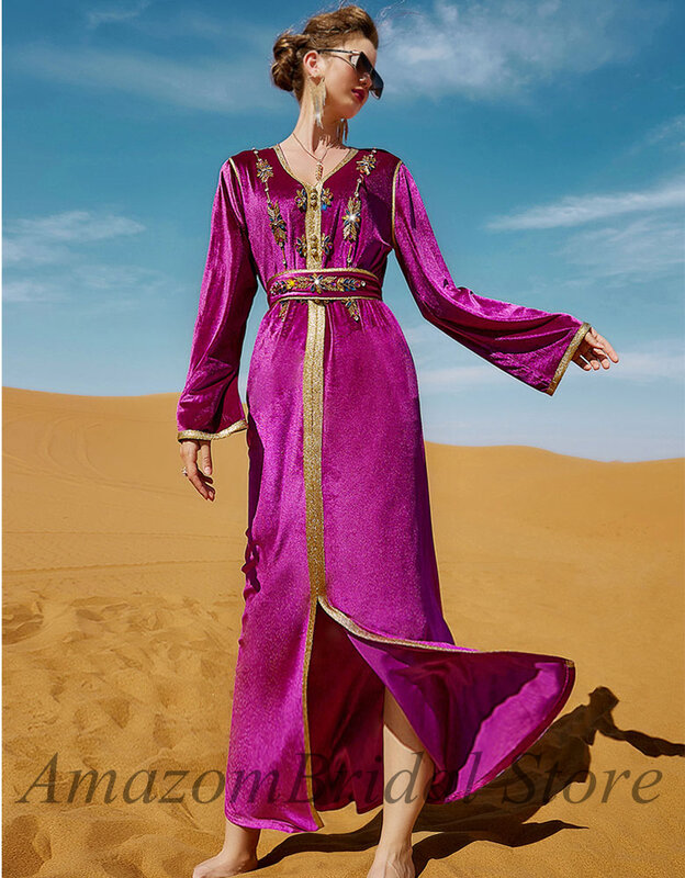 Velvet Party Dresses Women Handsewn Diamonds Arab Saudi Evening Gown Long Dress robe de soirée femme платье на выпускной vestido