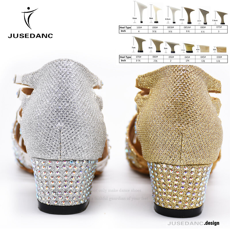 JuseDanc-zapatos de baile de salón con diamantes de imitación para mujer, zapatos de baile de Tango, Salsa latina, tacón medio, plata, oro