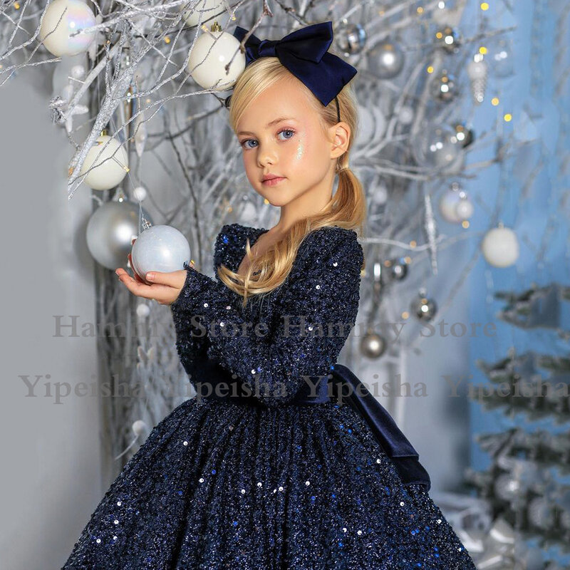 Navy Blaue Blume Mädchen Kleid Glitter Pailletten Festzug Party Kleid für Wurf Mädchen Langen Ärmeln Backless EINE Linie Weihnachten Kleider
