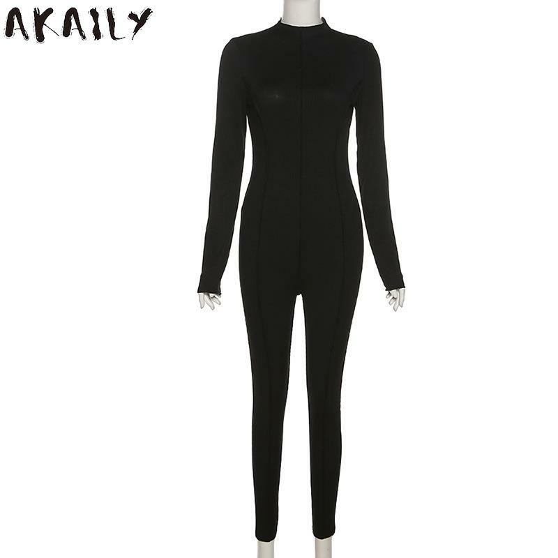 Akaily-mono acanalado blanco para mujer, ropa de calle, trajes de una pieza para mujer, negro, cuello redondo, manga larga, Bodycon, otoño, 2021