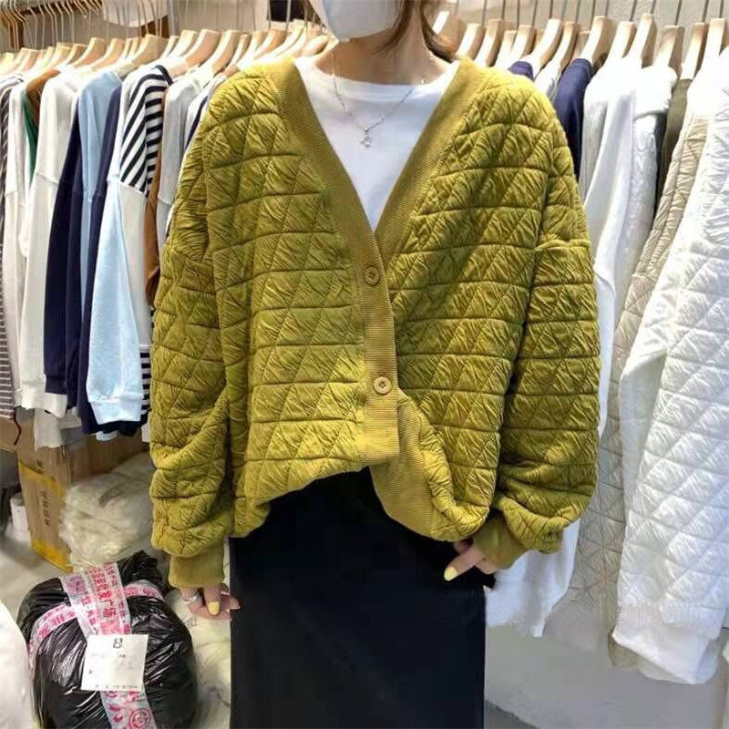 Strickjacke Baumwolle Jacke Herbst Kleidung Vintage Lose V-ausschnitt Langarm Wind Argyle Tops Mode einreiher Mantel Lässig