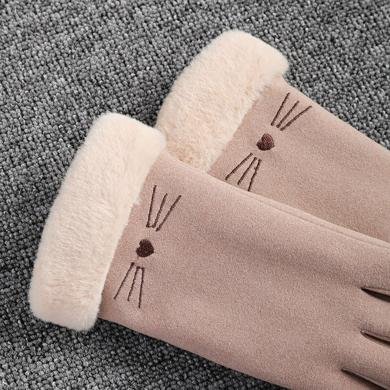 New Women Winter Thicken Keep Warm Touch Screen Plus Velvet Cute Lovely Cat Cartoon Embroidery Outdoor Cycling Gloves