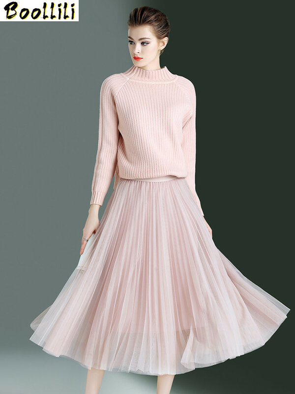 Piece Boollili-Conjunto de dos piezas para mujer, suéter Vintage elegante, Tops, falda larga, faldas de malla Rosa coreana, primavera y otoño, 2023