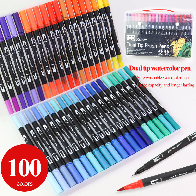 Caneta marcador, jogo de canetas de ponta dupla e 100 cores, delineador fino, caneta de feltro lavável, desenho em aquarela, material escolar