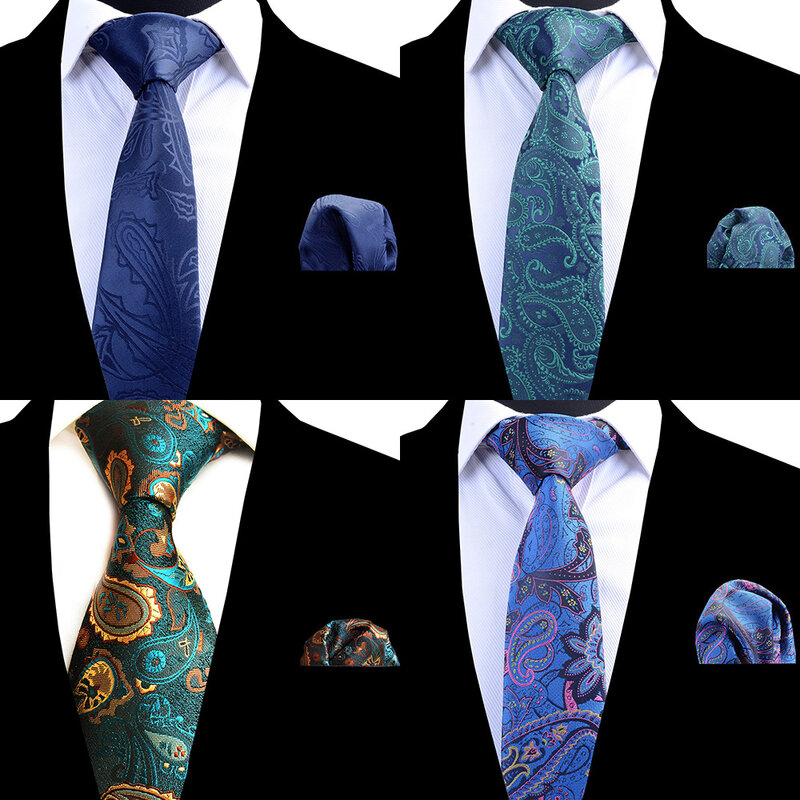 Rbodc conjunto de gravatas e lenço, masculino, clássico, 8cm, amarelo, verde, preto, caxemira, conjunto quadrado para casamento