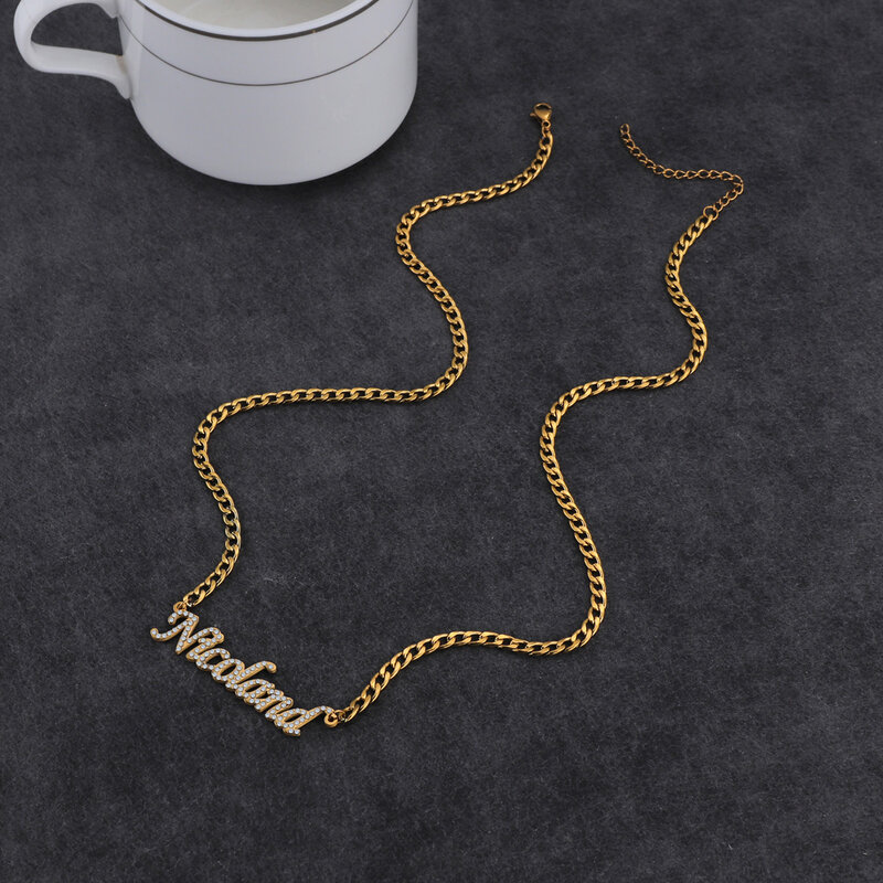 Nome Personalizado Colares de Aço Inoxidável para Mulheres, Cubic Zircon Letters Bling Pendant, Thick NK Chain Jewelry, 4mm