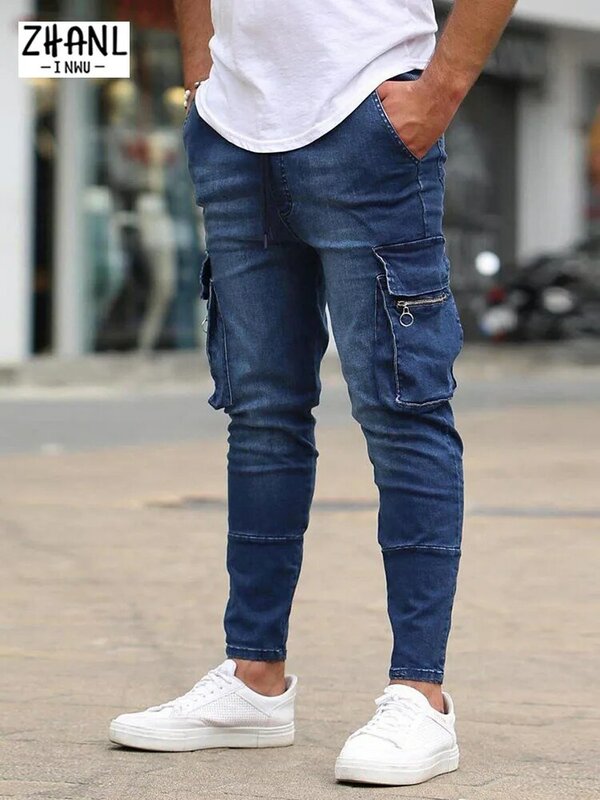 Calças masculinas calças de brim com zíper multi bolso calças de lápis hip-hop calças de homem magro preto azul masculino jogging denim calça streetwear