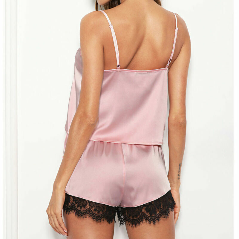 2021 Sexy Women Ladies Satin Lingerie Lace Pajamas Set Elegant Sleeveless Top and Shorts Night Suit Pj Set Underwear Sleepwear
