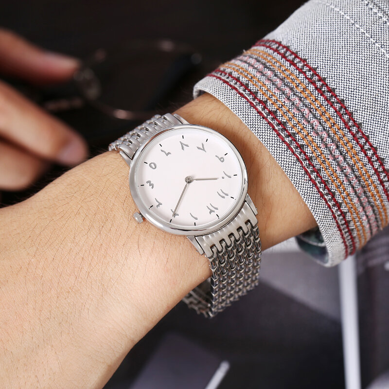 Relógio de pulso árabe com número árabe, unisexo, aço completo, com caixa super fina, elegante, movimento japonês, horas islâmicas