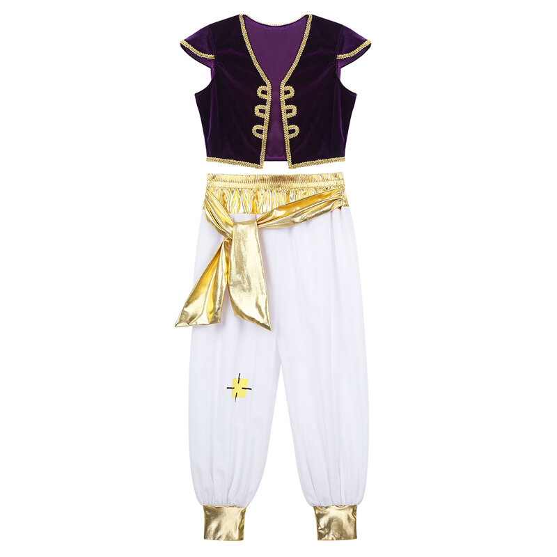 Trajes infantis Príncipe Árabe, mangas de boné, colete, colete com calça, roupas de Halloween, cosplay, vestido extravagante, performance set para meninos