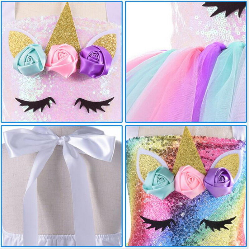 Kids Unicorn Costume Girls Birthday Party Gift LED Lights Sequin Rainbow Tutu Dress Halloween Shiny Princess Cosplay Costume