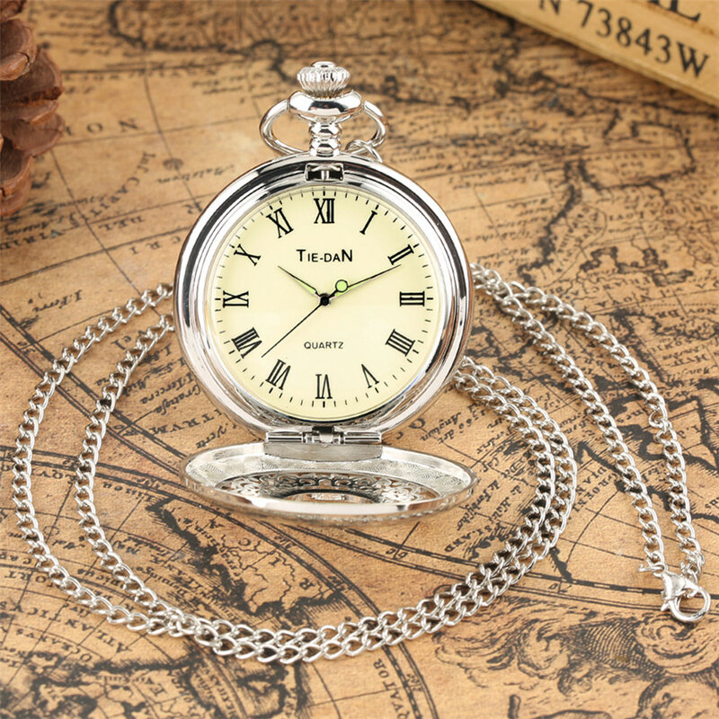 Jam tangan saku Quartz tampilan angka Romawi bercahaya jam liontin antik perak berongga hadiah jam Pria Wanita