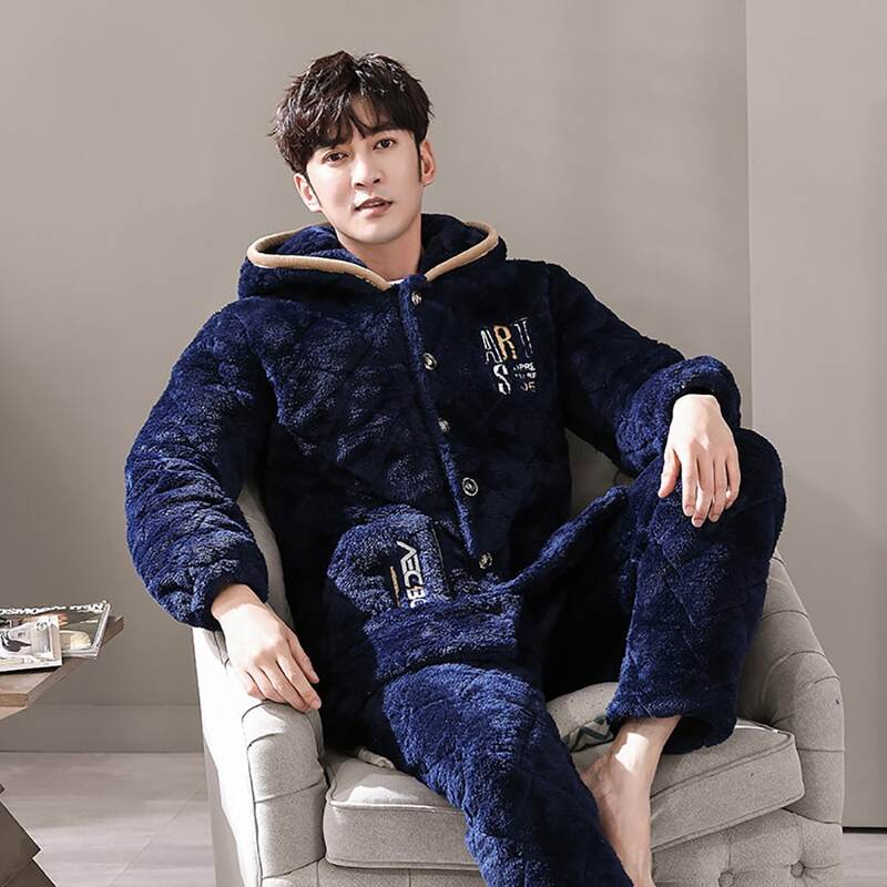 Trendyol-Conjunto de pijama de franela para hombre, ropa de dormir con capucha, gruesa, de algodón de 3 capas, talla grande, ropa suelta para el hogar, Invierno