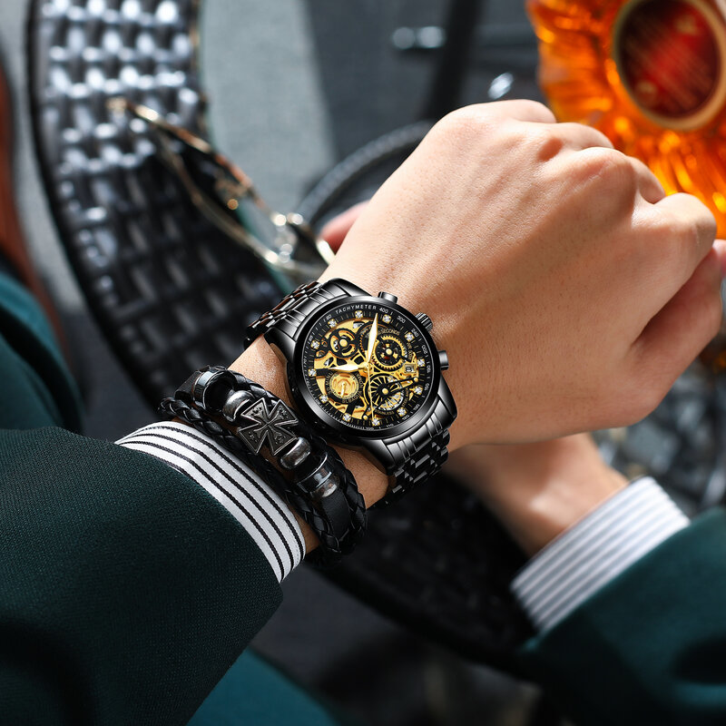 Mannen Quartz Horloge Hollow Horloges Top Brand Rvs Chronograaf Klok Luxe Relogio Masculino Gouden Horloges 2022 Nieuwe