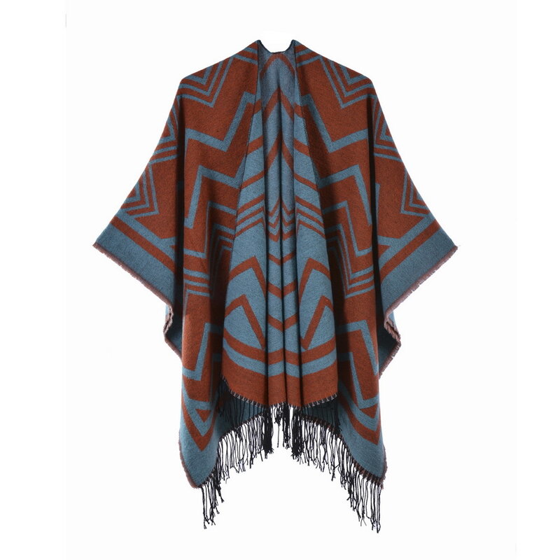 Ponchos de Invierno para mujer, chal cálido a rayas geométricas, bufandas de Cachemira de lujo, bufanda de gran tamaño con borlas, capa, manta, novedad de 2021