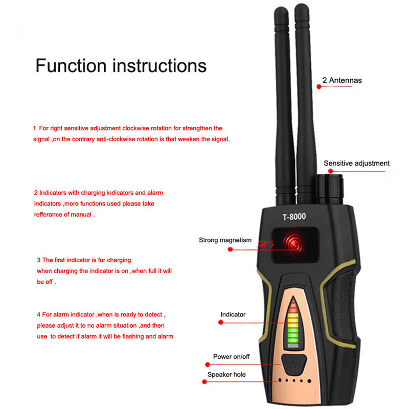 Proker T8000 Security RF Bug Anti กล้อง Candid สัญญาณความถี่เครื่องสแกนเนอร์ไร้สาย GPS Tracker GSM เครื่องตรวจจับ Micro Wave