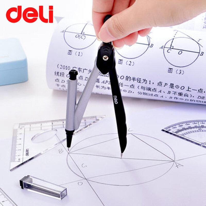 DELI Compass Geometry Set 7/8pcs Math Compass Circle Drawing Template Metal+Plastic Protractor Squares Mathematic Geometry Ruler