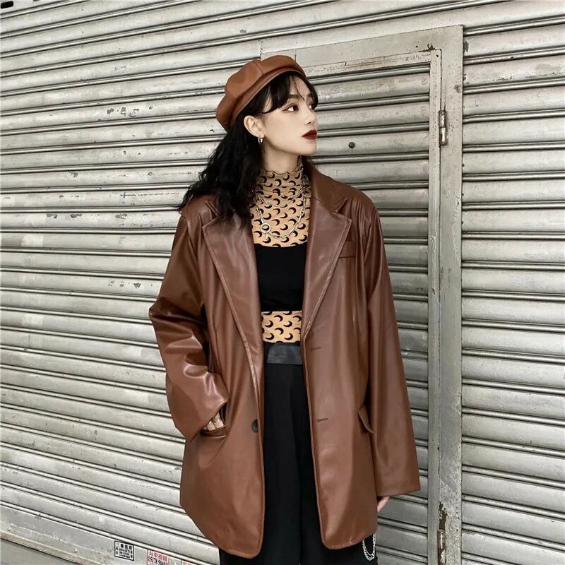 Korean Black Leather Moto Jacket Vintage Warm Female Loose Leather Suit Blazers Streetwear Fashion Women's Winter Coat 2021 New