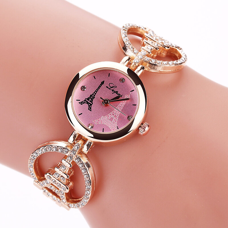 Relógio feminino, mulheres relógios de luxo da marca senhoras torre eiffel romântico relógio com pulseira de diamante relojes mujer wm1086