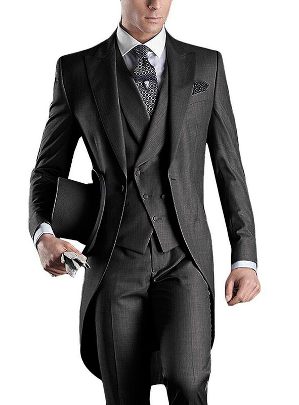 Мужской костюм из трех предметов, облегающий смокинг в британском стиле с заостренным отворотом и V-образным вырезом, модные свадебные костюмы для шафера, мужские костюмы 2022 (Блейзер + жилет + брюки)