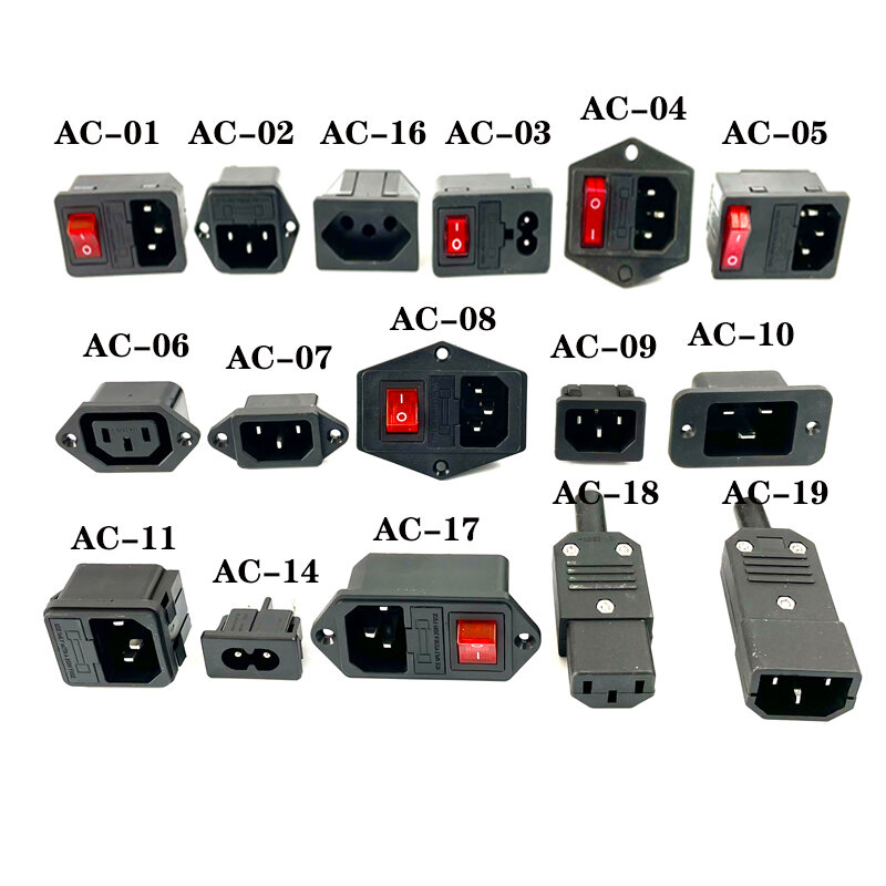 Tomada AC elétrica com LED vermelho, interruptor basculante, plugue de fusível, conector de entrada fêmea e macho, montagem, IEC320, C14, 3 pinos, 250V, 10A, 2 pinos, 10A