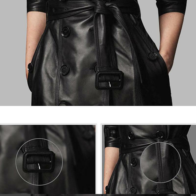 Women Sheepskin PU Leather Jacket Belt Gothic Black Trench Fast Wash Autumn Winter Double-breasted  Cotton Coat