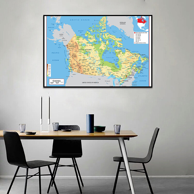 Mapa otográfico de Canadá en francés, 90x60cm, lienzos, carteles e impresiones, imágenes artísticas de pared, suministros para sala de clase